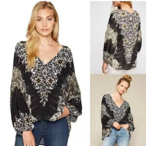 Free People Women’s Birds Of A Feather Black Boho Peasant Top Medium Puff Sleeve